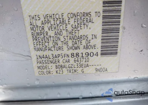 2015 Nissan Altima 2.5/2.5 S/2.5 Sl/2.5 Sv z USA, uszkodzony, nr VIN 1N4AL3AP5FN881904